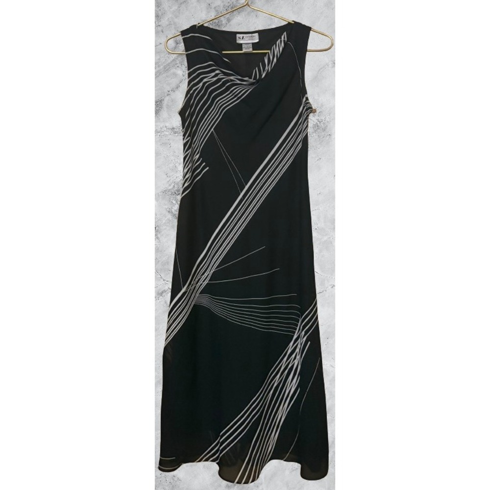 SL Fashions Petites Black White Abstract Geometric Cowl Neck Midi Dress 8P